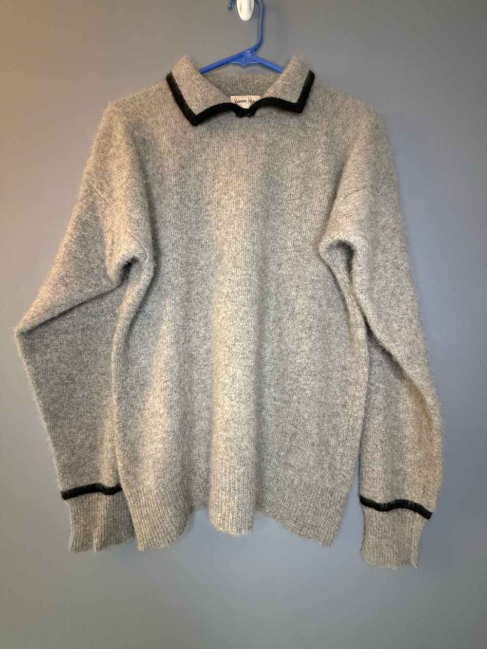 Vintage Neiman Marcus Gray Cashmere Womans Sweater with Black Trim
